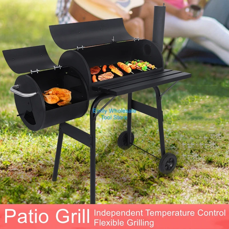 Large Two-Tier Outdoor BBQ Grill with Chimney: Garden Charcoal Grill, Smoker, and Braiser