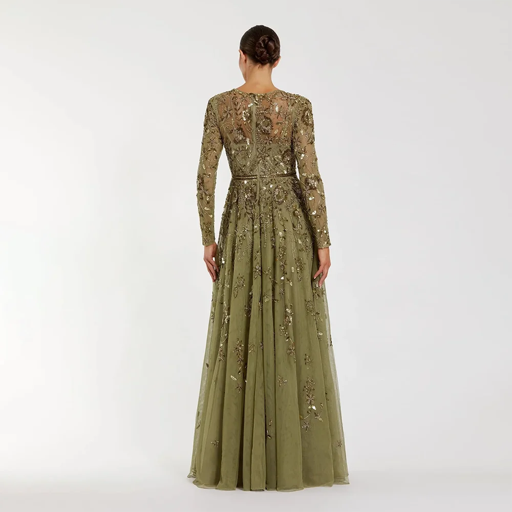 Fashion Floral Print Tulle A-line Floor Length Evening Dresses Customized O-neck Full Sleeves Back Zipper Prom Gown Party Dress image 3