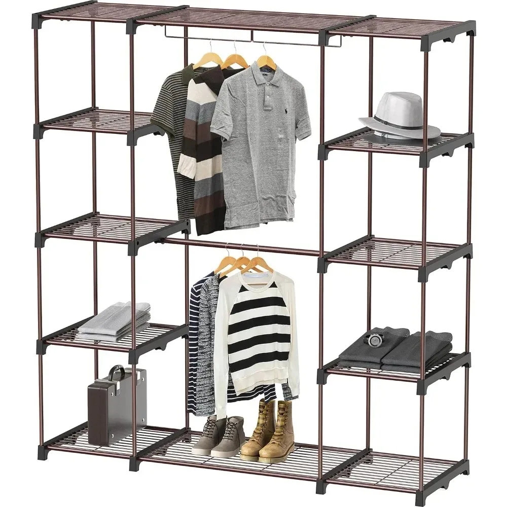 Wardrobe Portable Closet Clothes Rack Shelf Organizer, 8 Durable Wired Shelves 2 Sturdy Hanging Bars, Sturdy Metal Construction