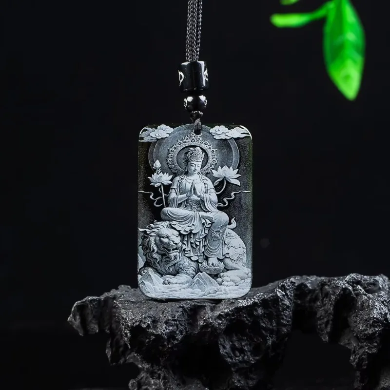 

Натуральный нефритовый кулон класса А с изображением Бодхисаттвы Вэнь Шу на льве, ледяной тип, буддийский оберег, духовное украшение для мужчин и женщин, подарок