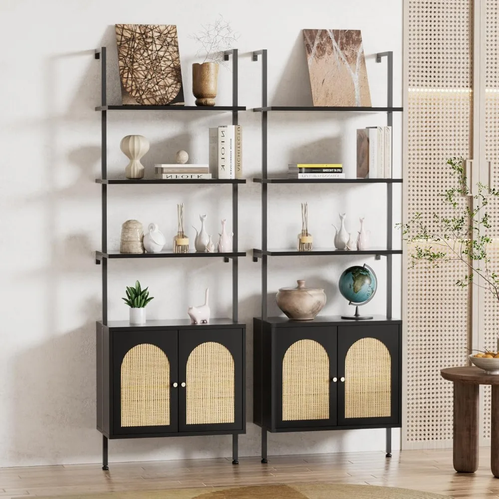 

Set of 2 Tall Bookshelf with Storage, 6 Tier Ladder Bookshelf with Rattan Cabinet, Wall Mounted Bookcase with Doors & Metal Fram