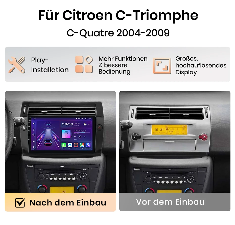 Android Autoradio für Citroen C4 2004-2014, Apple CarPlay, Multimedia,Navigation, BT, 4G, WLAN, FM, AM, DSP, RDS,