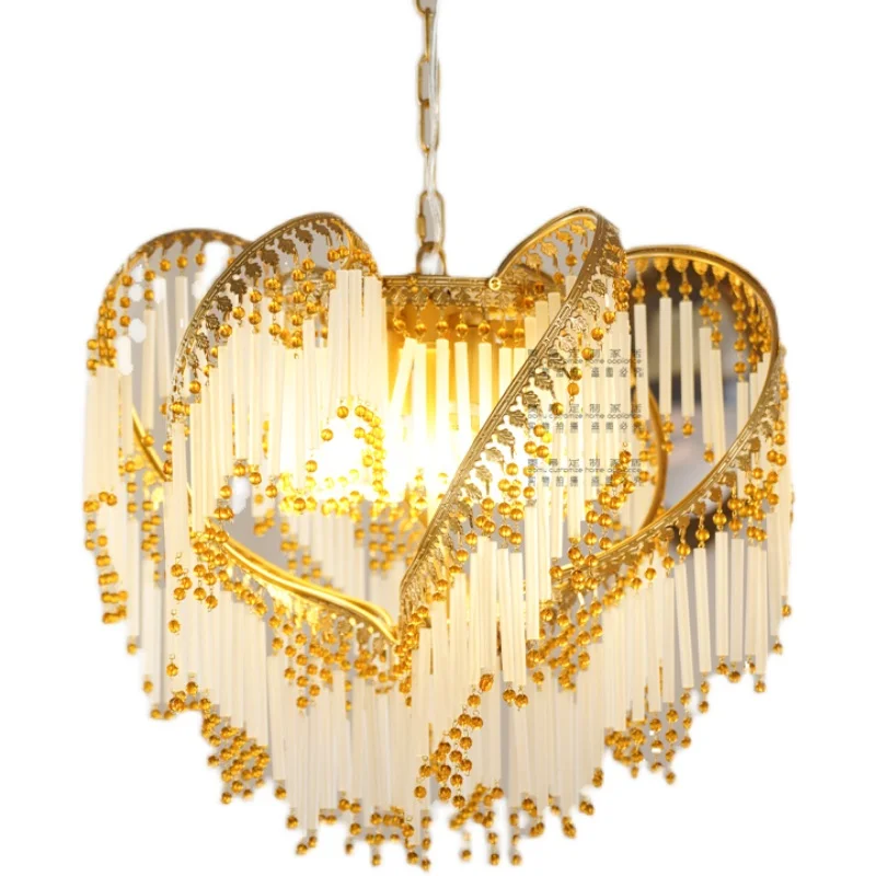 

American all-copper retro fringed living room dining room medieval study bedroom French wrought iron glass chandelier