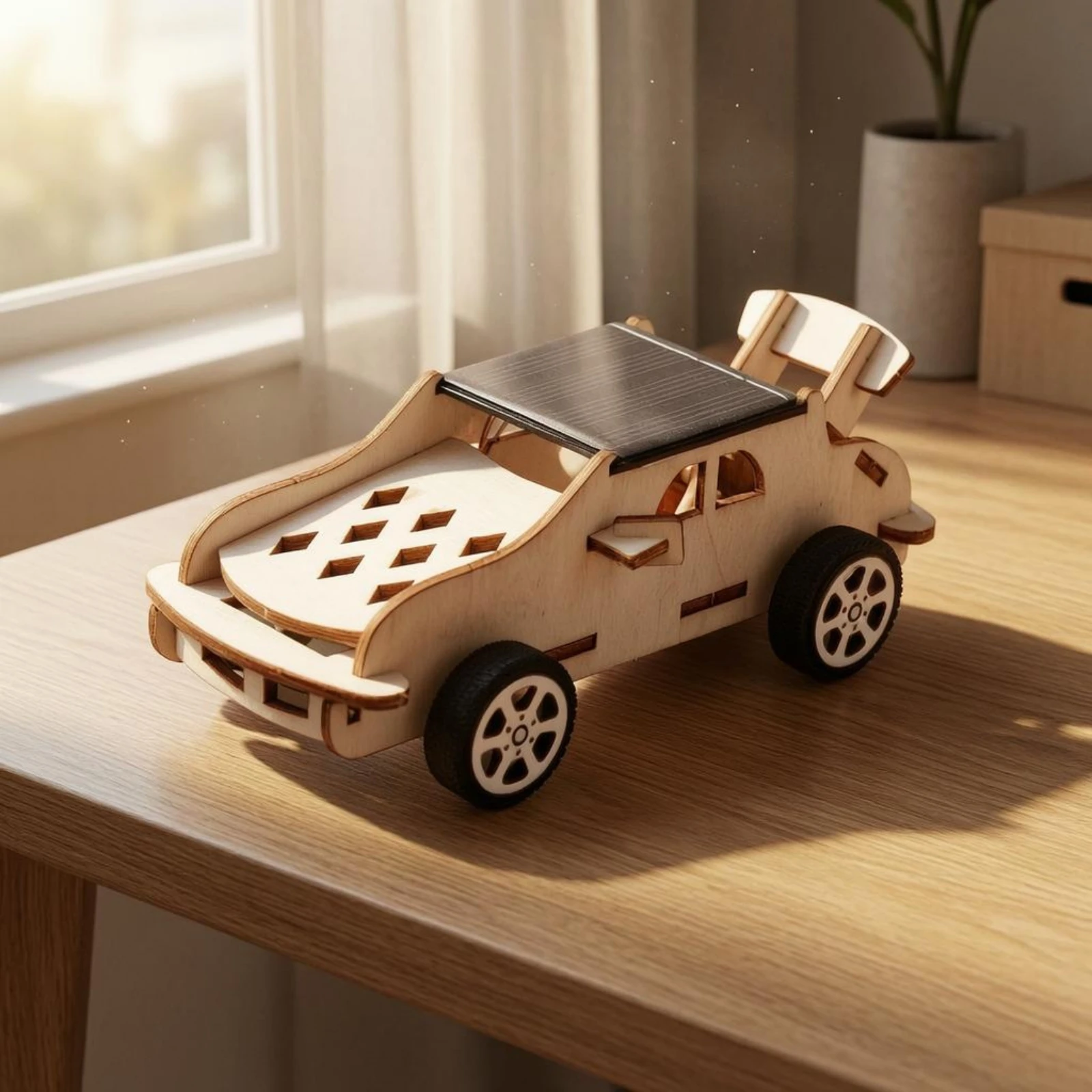 Laser-Cut Wooden Car Model Slotjointly Solar-Powered Car Toy