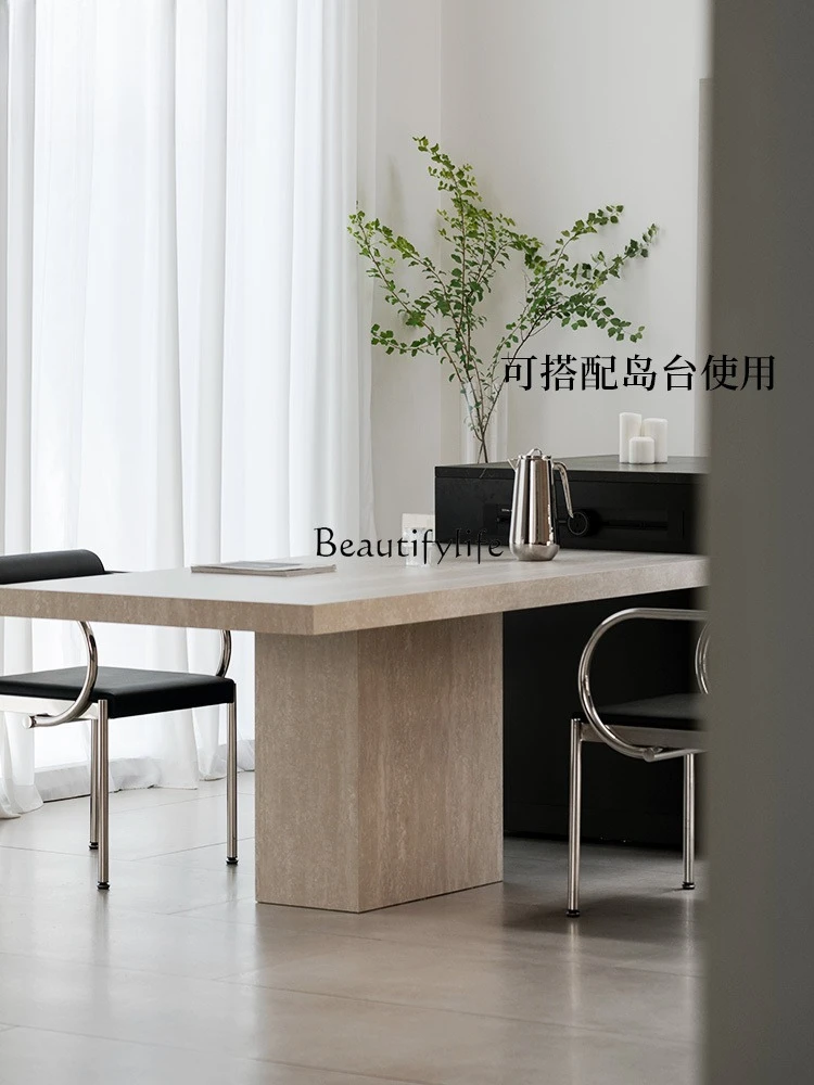 

02Travertine rock slab dining table Resistant and anti-penetration medieval style