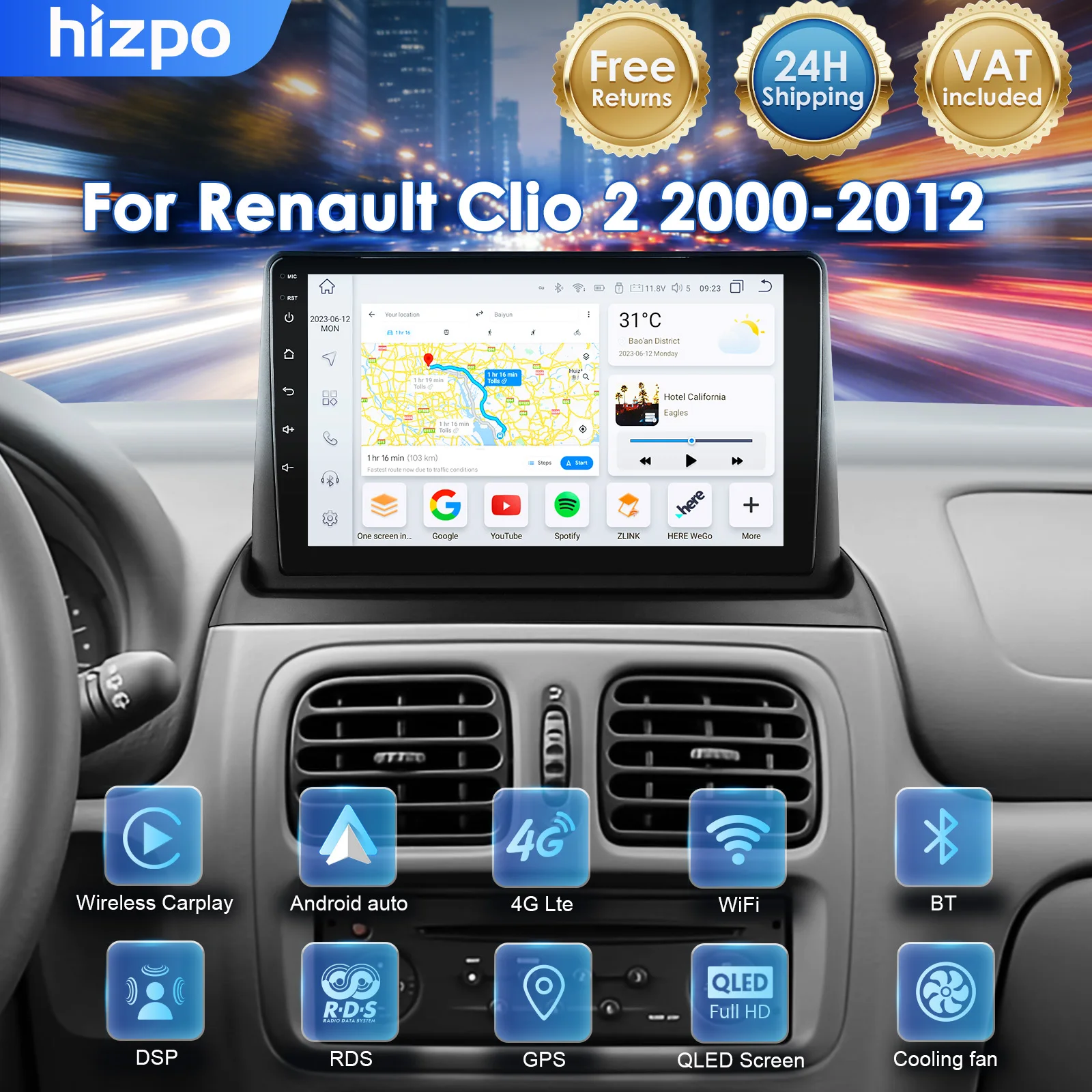 Hizpo AI Vioce Android 14 Touch Screen per Renault Clio 2 2000 - 2012 2Din QLED Stereo Smart Car Radio Multimedia Video GPS CarPlay Head Unit