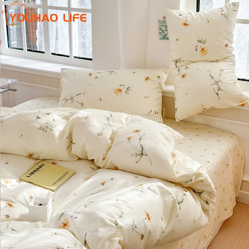 

Bedding Duvet Cover Set, 100% Cotton, Soft Brushed, Breathable with Zipper, 2Pillowcases, Fresh Simple Floral Style, 3 Pcs