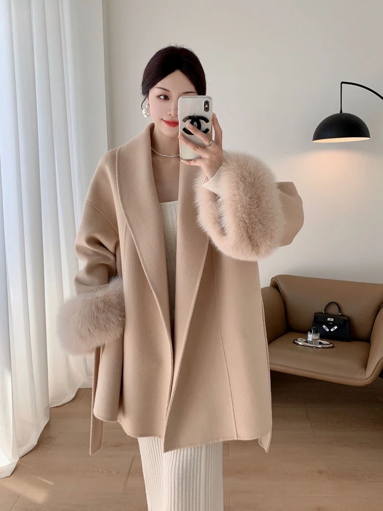 2023 Autumn and Winter  New Double-Faced Woolen Goods Cashmere Coat Women\'s Whole Leather Fox Fur Fur High Sense Cape Coat