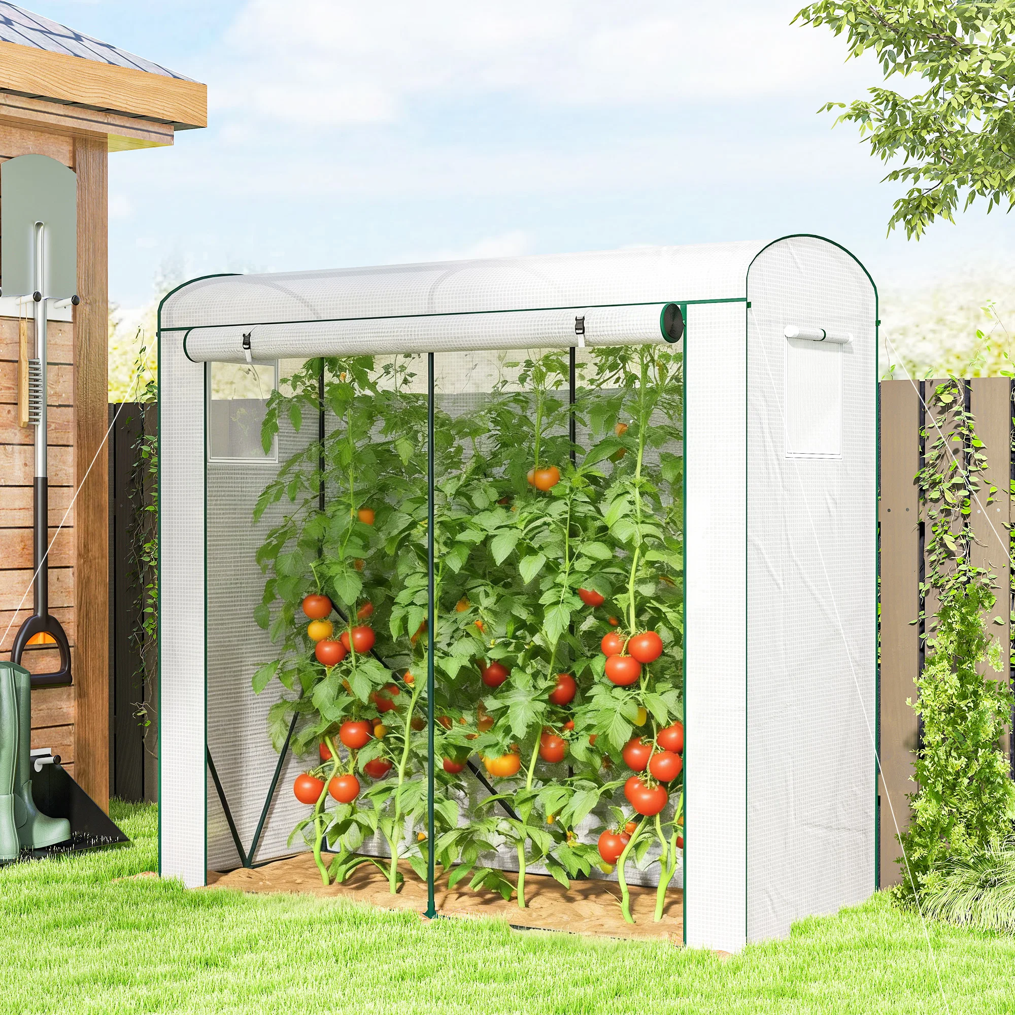 Mini Greenhouse, Portable Greenhouse with Roll-Up Door and 2 Mesh Windows, PE Cover, 78.7" x 29.5" x 74", White
