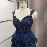 Lily Navy Blue A Line Formal Dress Tiered Sweetheart Party Dress Pleats Spaghetti Strap Special Occasion Dress 프롬 드레스 Customized 5