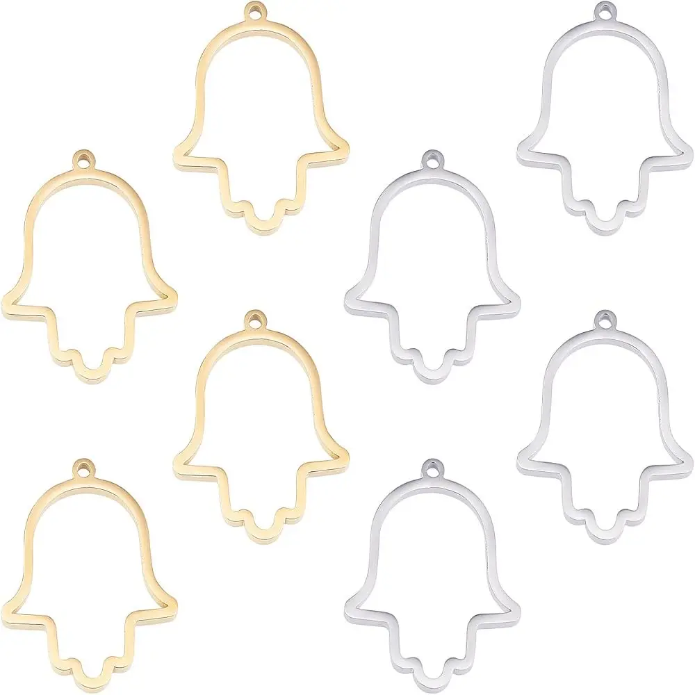 8Pcs Open Back Bezel Pendants Hollow Resin Frames Stainless Steel Hamsa Hand Charms Blank Bezel with Loop for Resin Jewelry