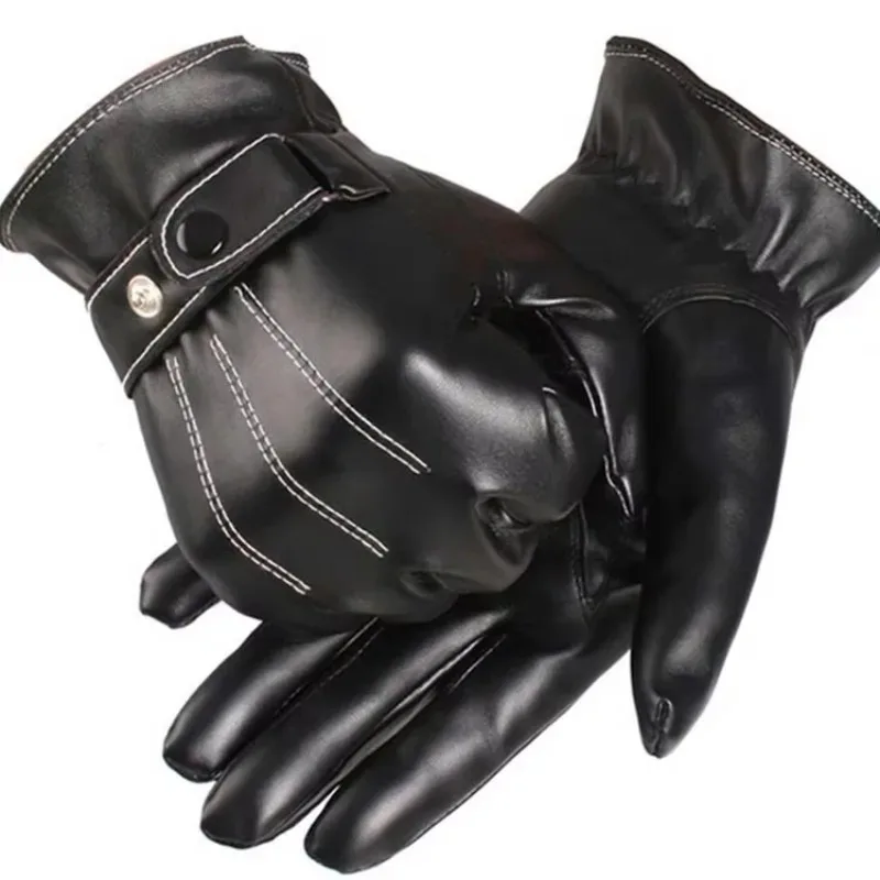 قفازات رجالية من جلد البولي يوريثان مبطنة بالقطيفة حرارية كاملة اليد تعمل باللمس قفازات للدراجات النارية مقاومة للرياح لركوب الدراجات على الجليد