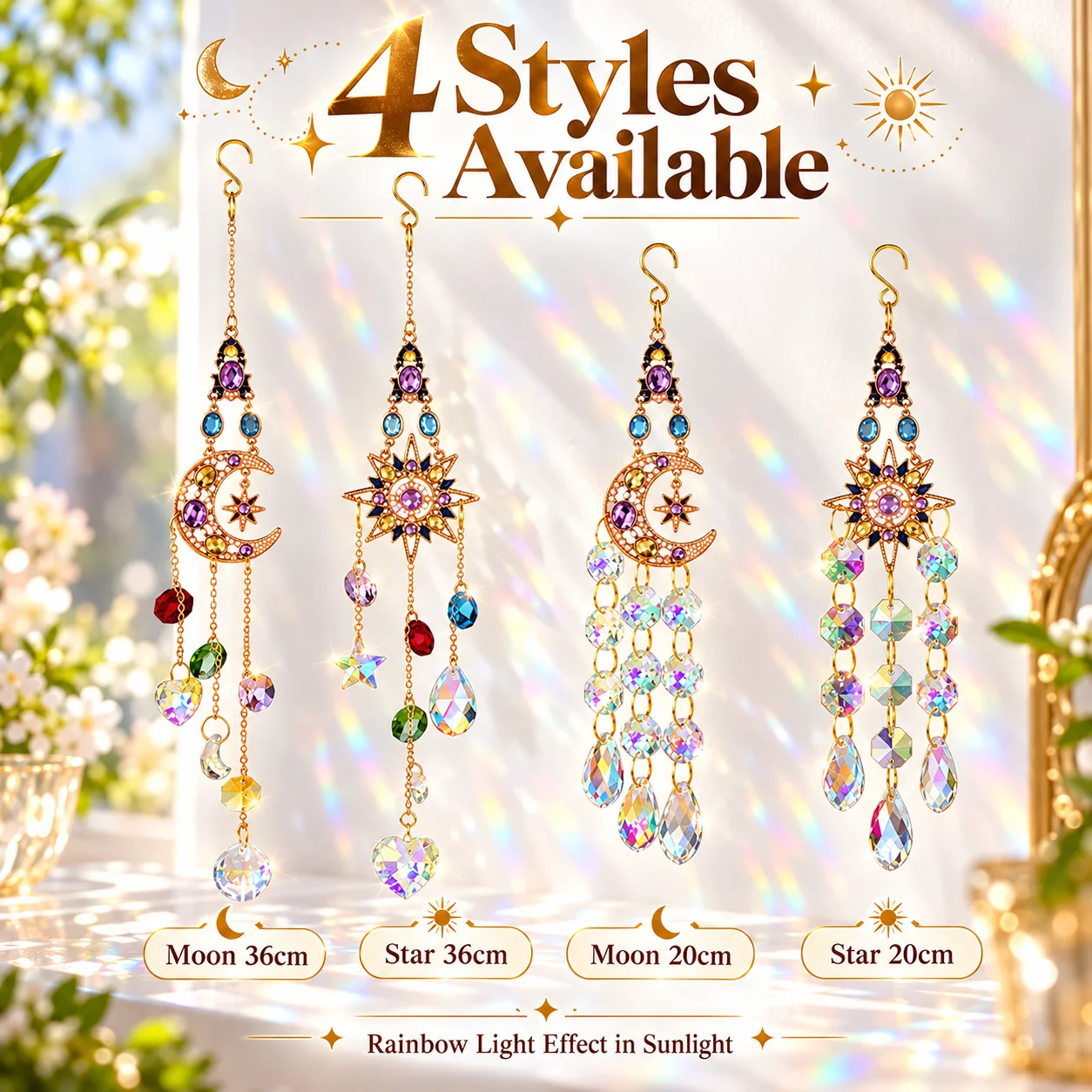 Vintage Star Moon Crystal Sun Catcher, Rainbow Prism Hanging Ornament, Rhinestone Tassel Suncatcher for Window Home Decor Gift