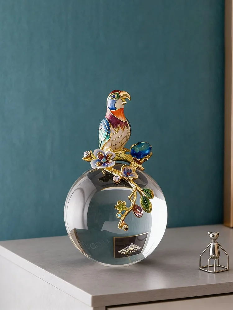 Luxury Parrot Crystal Ball Art Statuette Ornament,Modern Living Room Enamel Color TV Cabinet,Foyer Desktop Decoration,Gift