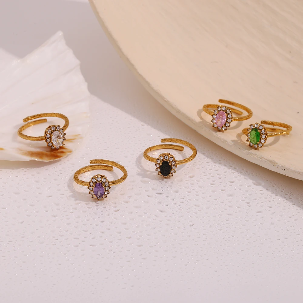 MamacitaSlay Luxury Colorful Oval Zircon Flower Adjustable Rings for Women New 18K Gold Plated Tarnish Free Finger Jewelry Girls