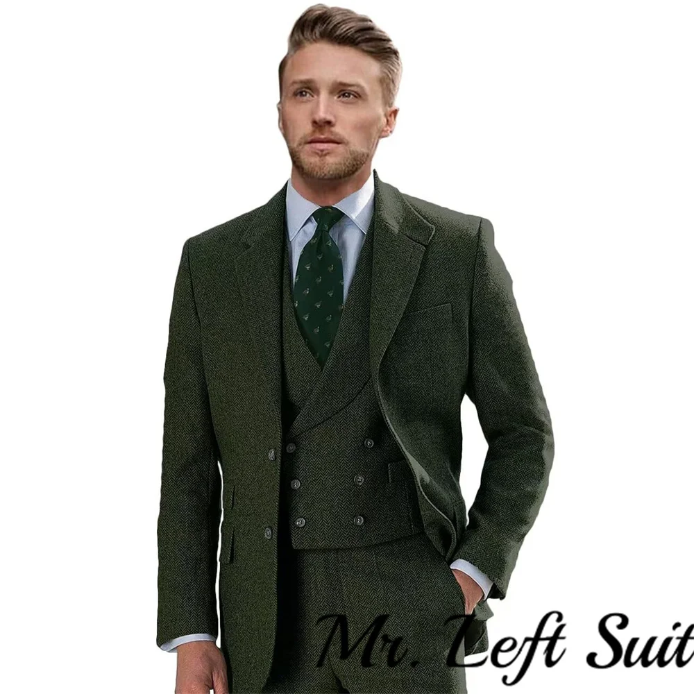 Wool Tweed Winter Suit for Men Herringbone Slim Fit Formal Groom Tuxedo 3 Piece Wedding Male Suits (Jacket+Vest+Pants)