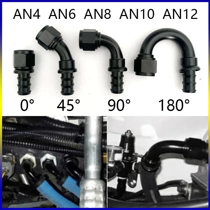 Adaptador de conexión de 180 grados para enfriador de combustible de coche, accesorio de extremo de manguera de empuje, negro, AN4, AN6, AN8, AN10,