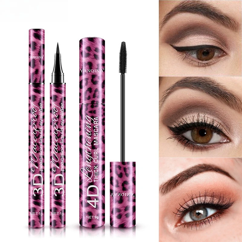 Red Leopard Print 2 in 1 Makeup Set Mascara and Eyeliner Waterproof Quick Dry Volumizing Curling Smudge Proof for Party Date