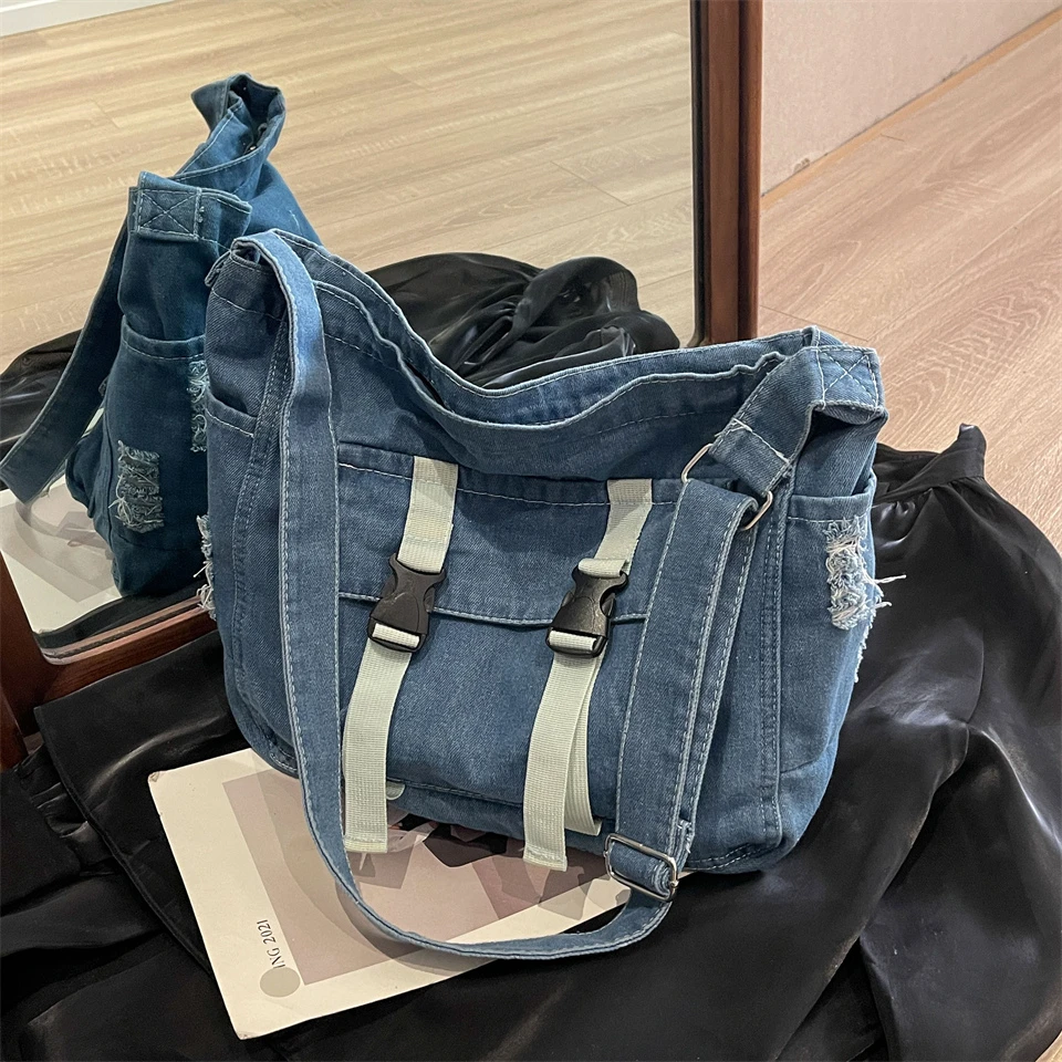 Denim Solid Fashion Shoulder Bags Zipper Women\'s Bags on Sale 2024 Wysokiej jakości nici do szycia Crossbody Bag Bolsas De Ombro