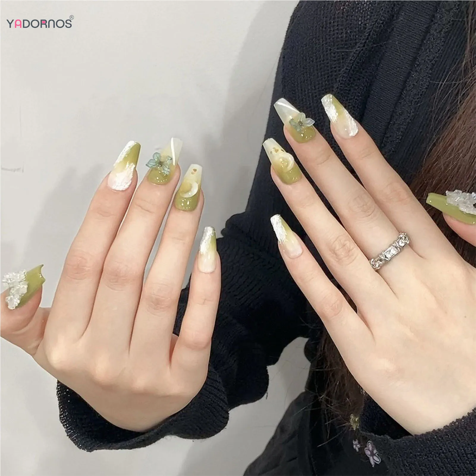 그라데이션 그린 수제 프레스 네일 반짝이 크리스탈 나비 디자인, 가짜 손톱 발레리나 착용 가능, 여성용 가짜 손톱