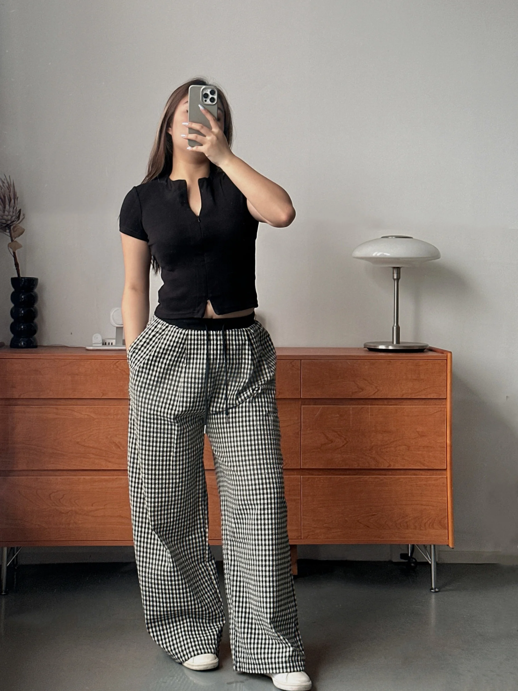 

Свободные широкие брюки-палаццо с эластичным поясом на шнурке, в клетку, для полных женщин, повседневные длинные брюки с высокой талией на молнии