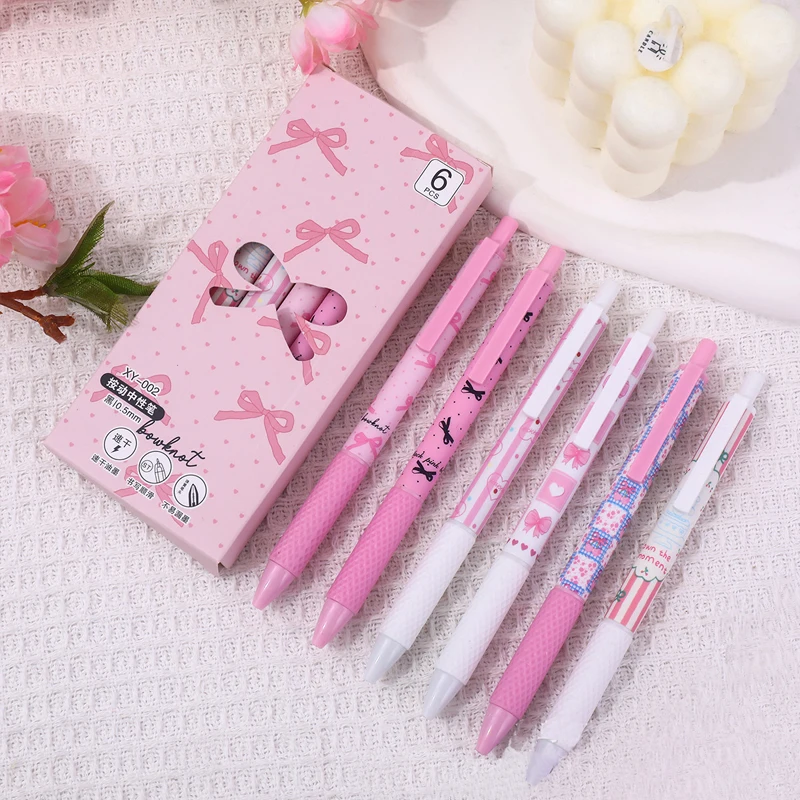 6pcs Kawaii Ballet Bow Pens Writing Smooth Quick-Drying Black Ink School Acsesories Japanese Aesthetic Stationery Elegant Pens