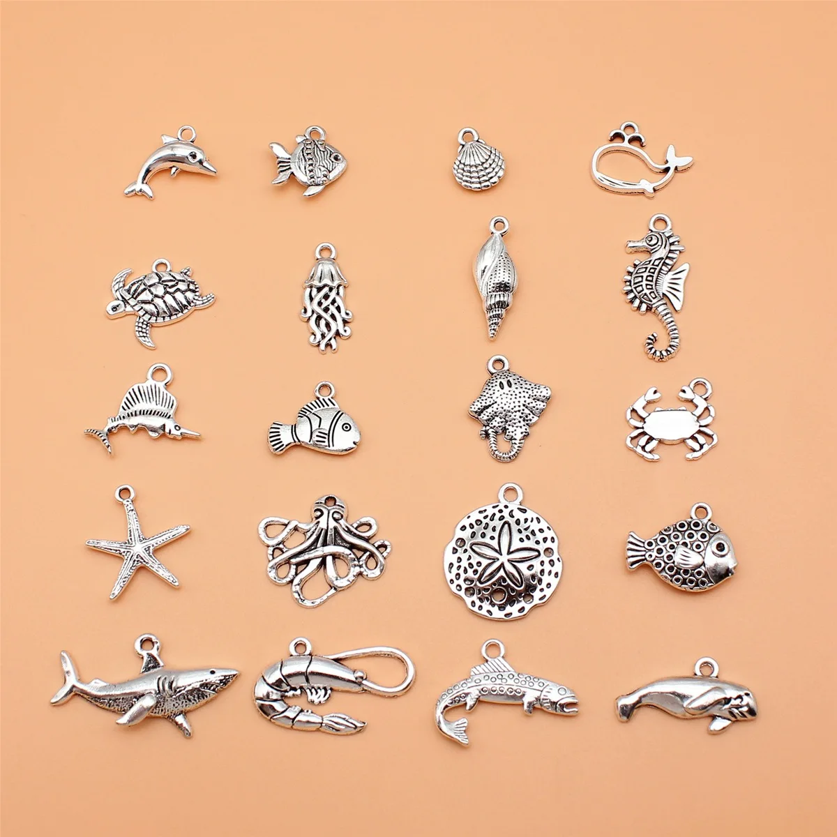 20pcs Sea Animals Dolphin Shark Turtle Octopus Starfish Seahorse Whale Conch Shell Charms Collection, 20 Styles, 1 of Each