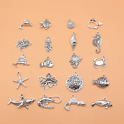 20pcs Sea Animals Dolphin Shark Turtle Octopus Starfish Seahorse Whale Conch Shell Charms Collection, 20 Styles, 1 of Each