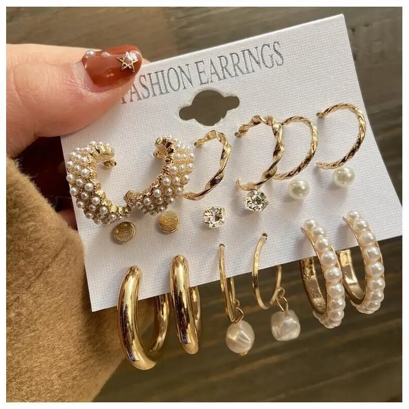 9 Pairs Two-Tone Golden & Silvery Earrings Multipack, Versatile Hoop & Stud Earrings with Pearl & Cubic Zirconia Inlays