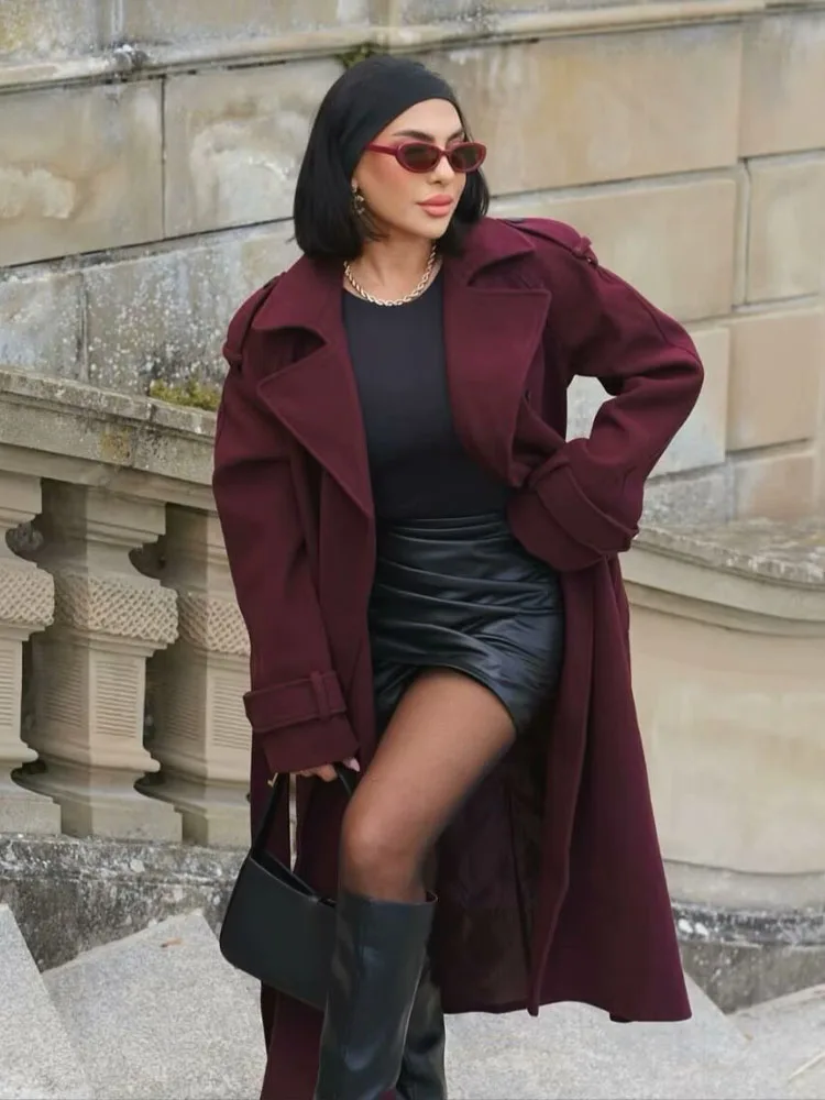 HH معاطف الشتاء النسائية موضة حزام جيب مزدوجة الصدر الديكور سترة واقية طويلة الإناث ملابس خارجية فضفاضة غير رسمية