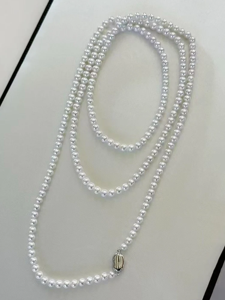 Simple and Elegant Pearl Sweater Chain with 4-5mm Round White Luster Freshwater Akoya Pearls 120cm for Multiple Wearing Styles