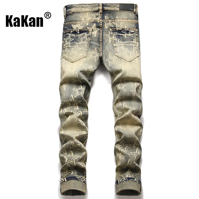 Kakan - New Tight Cotton Bomb Watermark Star Vintage Jeans for Men, Perforated Small Foot Long Jeans K018-3094