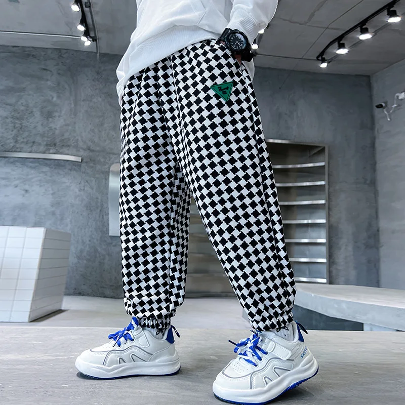 Plaid Pants Children Casual Loose Leg Trousers With Pocket Boy Trousers Streetwear