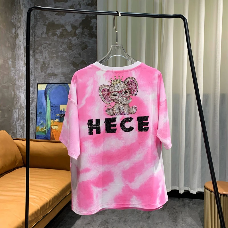 2022 New Summer Women Oversized Tops Trendy Cute Pink Age Reduction Short Sleeve T-shirt Elephant Hot Drill Tie-dye Loose Tees