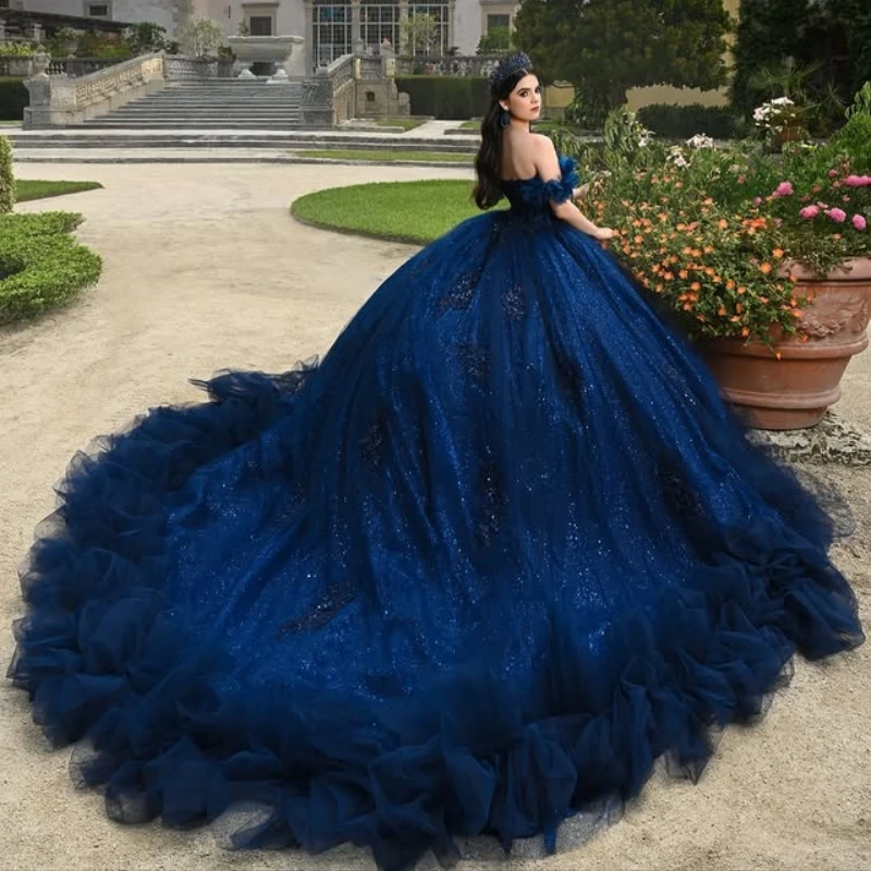 Navy Blue Shiny Quinceanera Dresses Off The Shoulder Applique Lace Beads Tiered Tull Corset Party Birthday Sweet 16 Dres Vestido