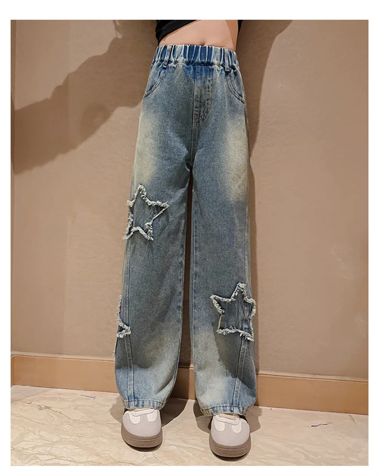 High-Waist-Jeans für Mädchen, gerade geschnittene, lockere Weitbein-Hosen, Frühling und Herbst, koreanische Vintage-Jeans, modische Kinder-Denim-Hosen für Teenager. – Detail 5