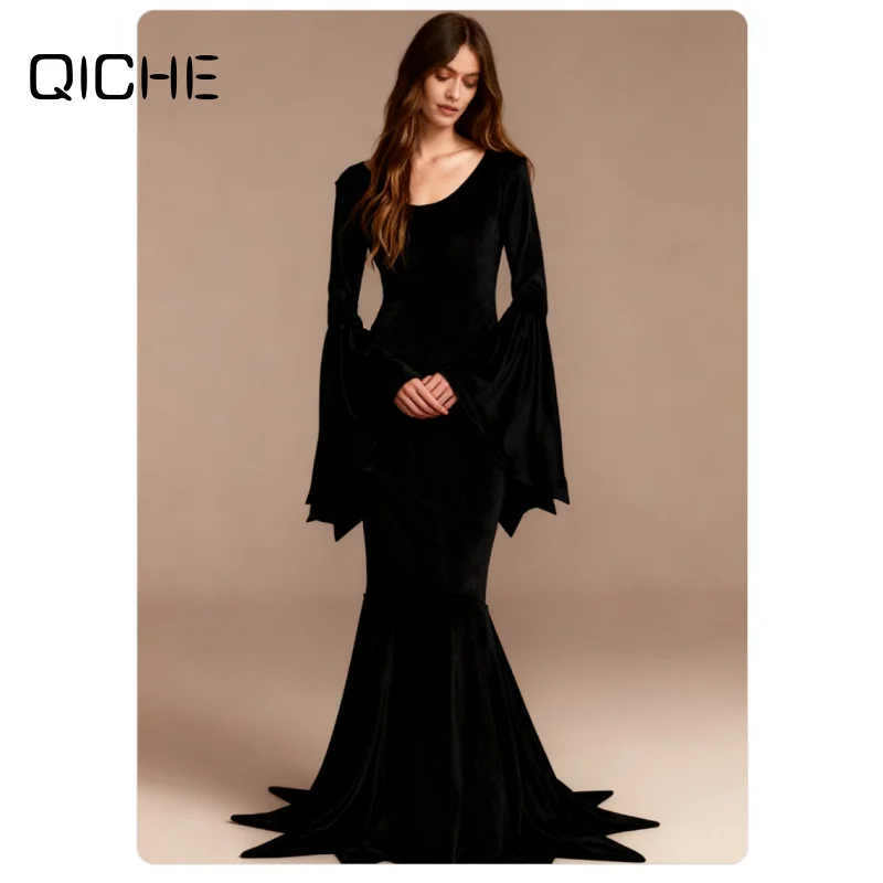 QICHE 2026 Gothic Vampire Long Gown, Bat Witch Ghost Bride Outfit, Halloween Masquerade Party Stage Costume