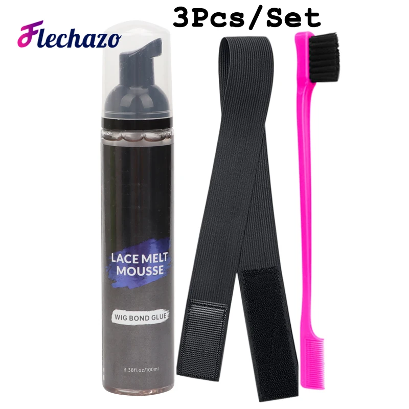 3Pcs Kit Lace Melt Mousse + Lace Melt Band + Edge Brush, 100Ml Lace Melting Holding Foam Mousse Elastic Wig Band And Hair Brush