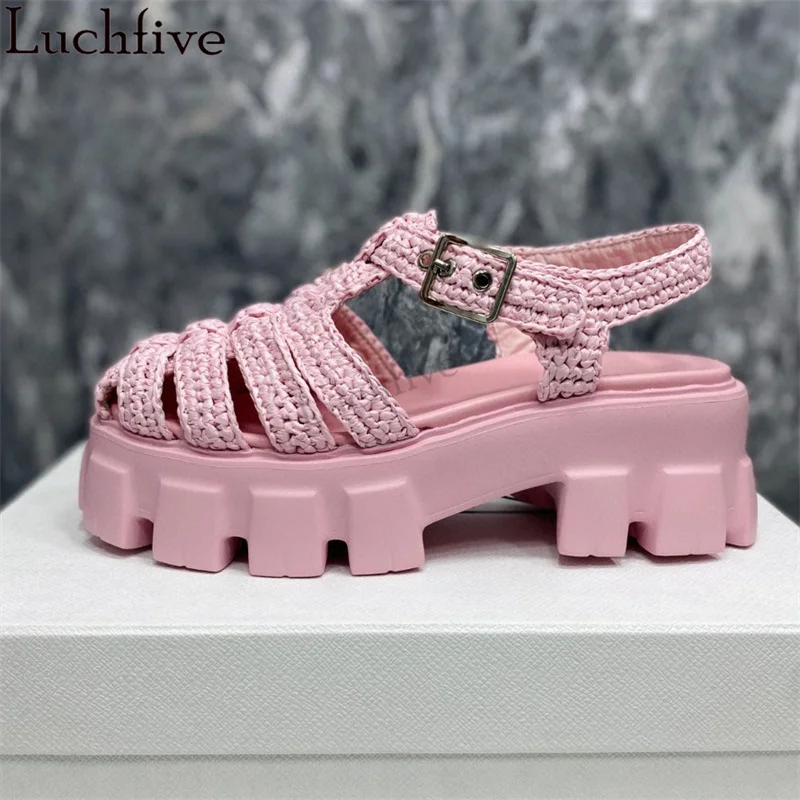 New Thick Soled Platform Sandals Women Twine Rattan Grass Braid Casual Beach Rome Sandals Summer Punk Lefu Flats Shoes Ladies