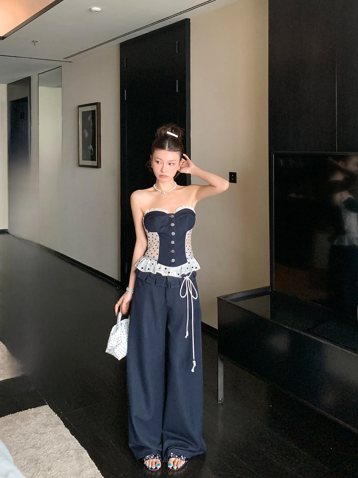 

LIONE Vivian Girl Polka Dot Splicing Denim Tube Top And Original Color Lace Jeans Long Pants Set Women's Casual Sle Two-Pie...