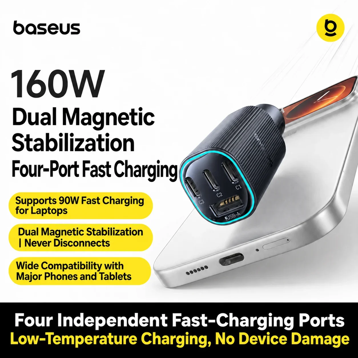 BASEUS 160W 4-Port Car Charger, PD 100W Fast Charging Cigarette Lighter Adapter for Laptop, Tablet & iPhone 16/17