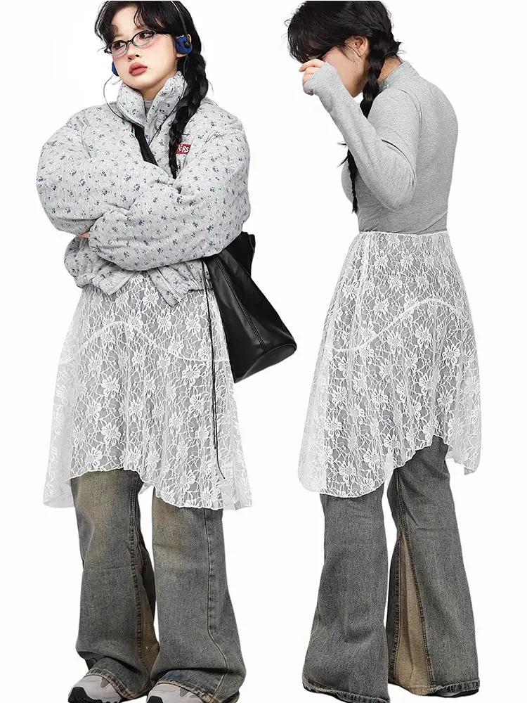 

White Lace Skirt Women Fairy Elastic Waist Irregular Design Overlap Midi Skirts Summer Slim Sweet Casual Y2k Faldas New