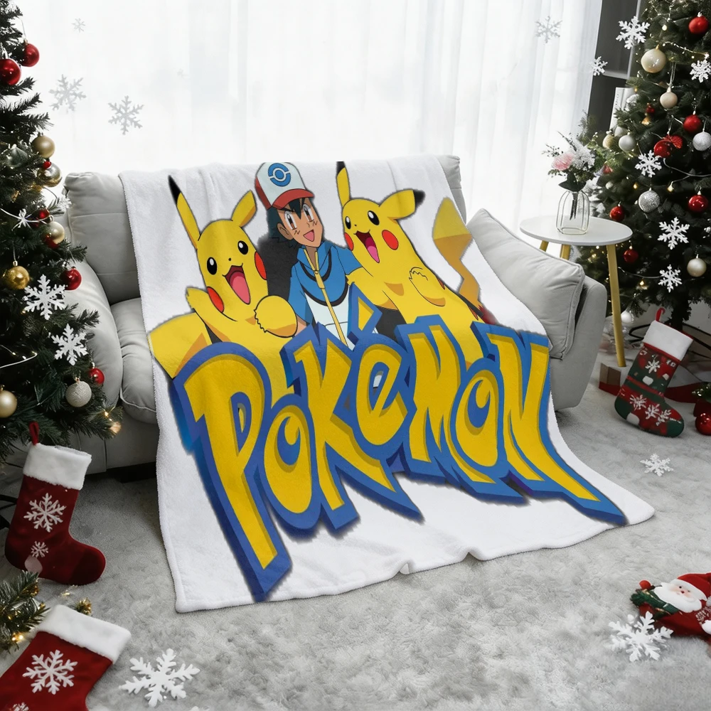 Pokemon Ash and Double Pikachu Print Flannel Throw Blanket Soft Warm Blanket for Sofa Bed Home Decor