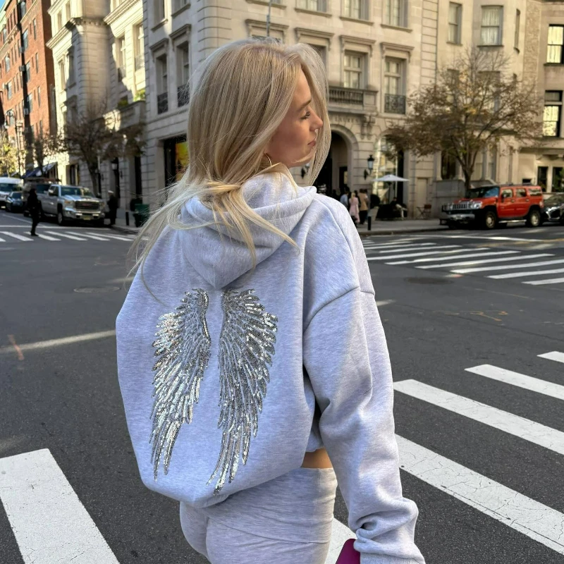 Y2K Engelsflügel Hoodies Glänzende Flügel Pailletten Sweatshirt Mode Vielseitig Casual Neue Trendy Streetwear Unisex Übergroße Kleidung