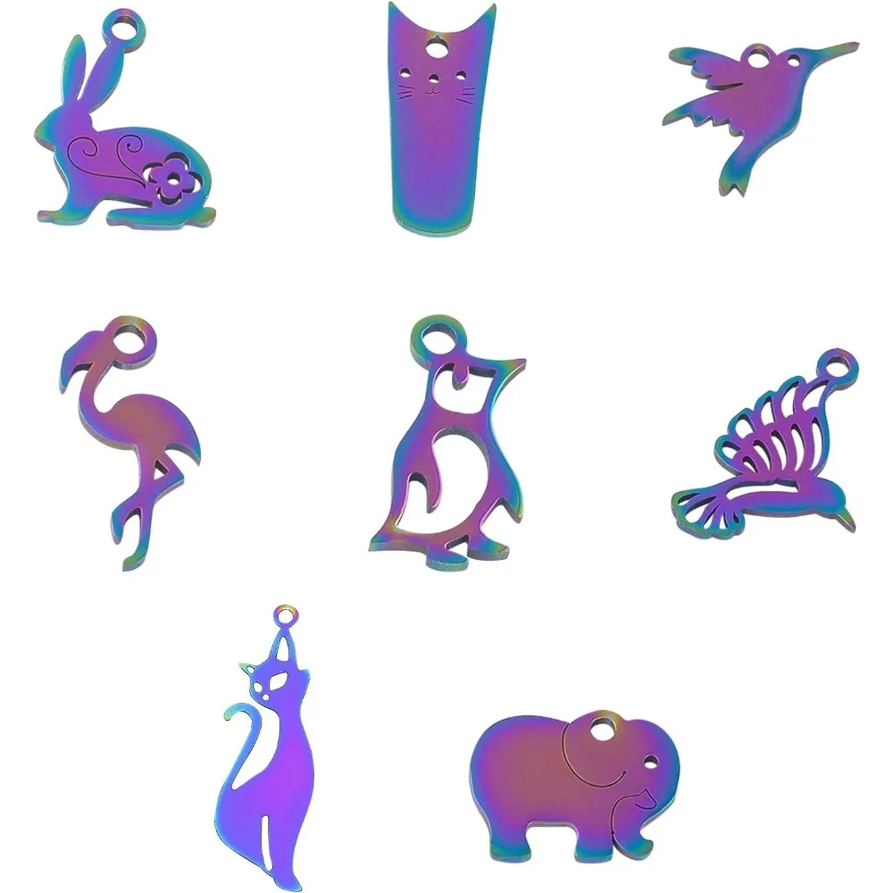 

8 Mixed Rabbit Cat Bird Animal Shapes Charm 16pcs Stainless Steel Charm Multi-Color Metal Charm Hollow Flat Pendants for Jewelry