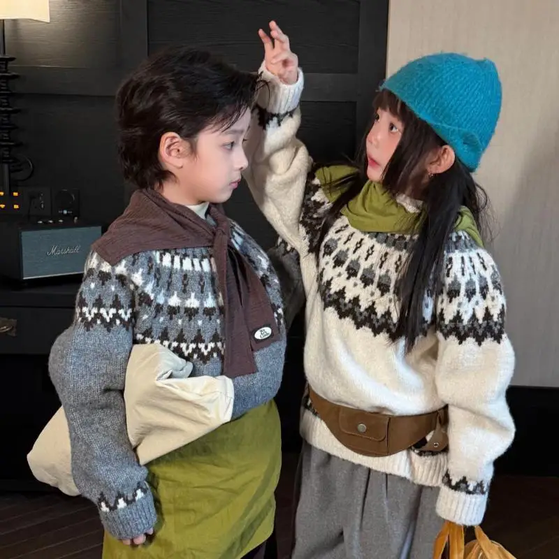 2026 Winter New Children Sweater Girls Long Sleeve Knitted Pullover Cotton Boys Fashion Casual Fair Isle Knitwear Kids Clothes