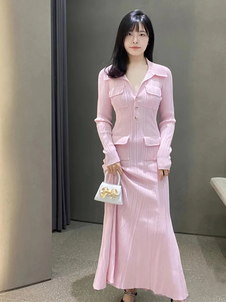 Women's pink knitted medium-length dress senior sense of fashion temperament polo collar waist-skimming long dress 2024 new