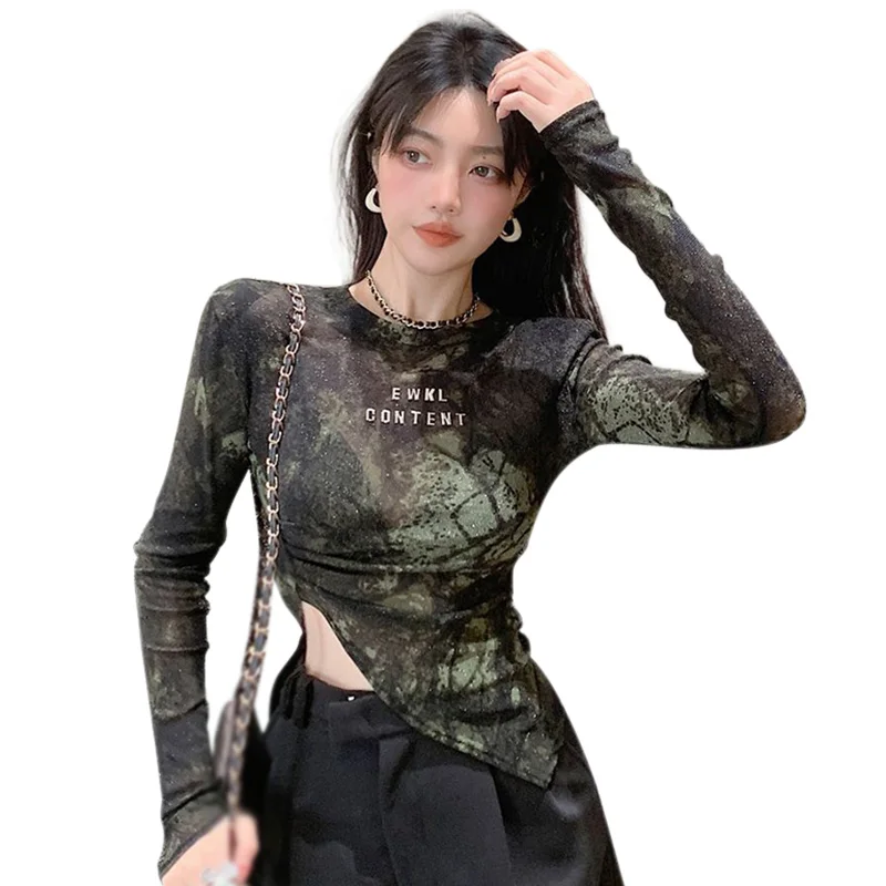 Women Summer Long Sleeve Irregular T-shirt Korean Retro Hot Girl Skinny Print Y2k Tops
