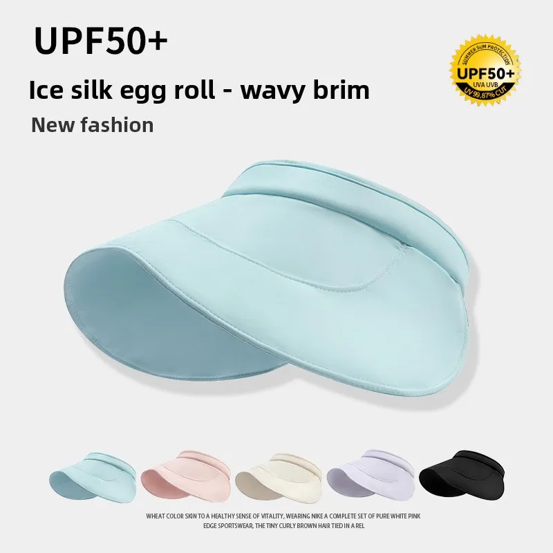 UPF50+ Ice Silk Crimp Womens Empty Top Sun Hat Soft Wide Face UV Block Light Thin Visor Hat For Summer Outdoor Daily Wear
