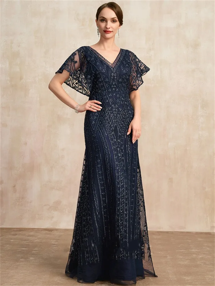 Vestido de encaje hasta el suelo con lentejuelas para mujer, vestidos elegantes con cuello en V, vestidos de invitados para fiesta de boda, vaina/columna